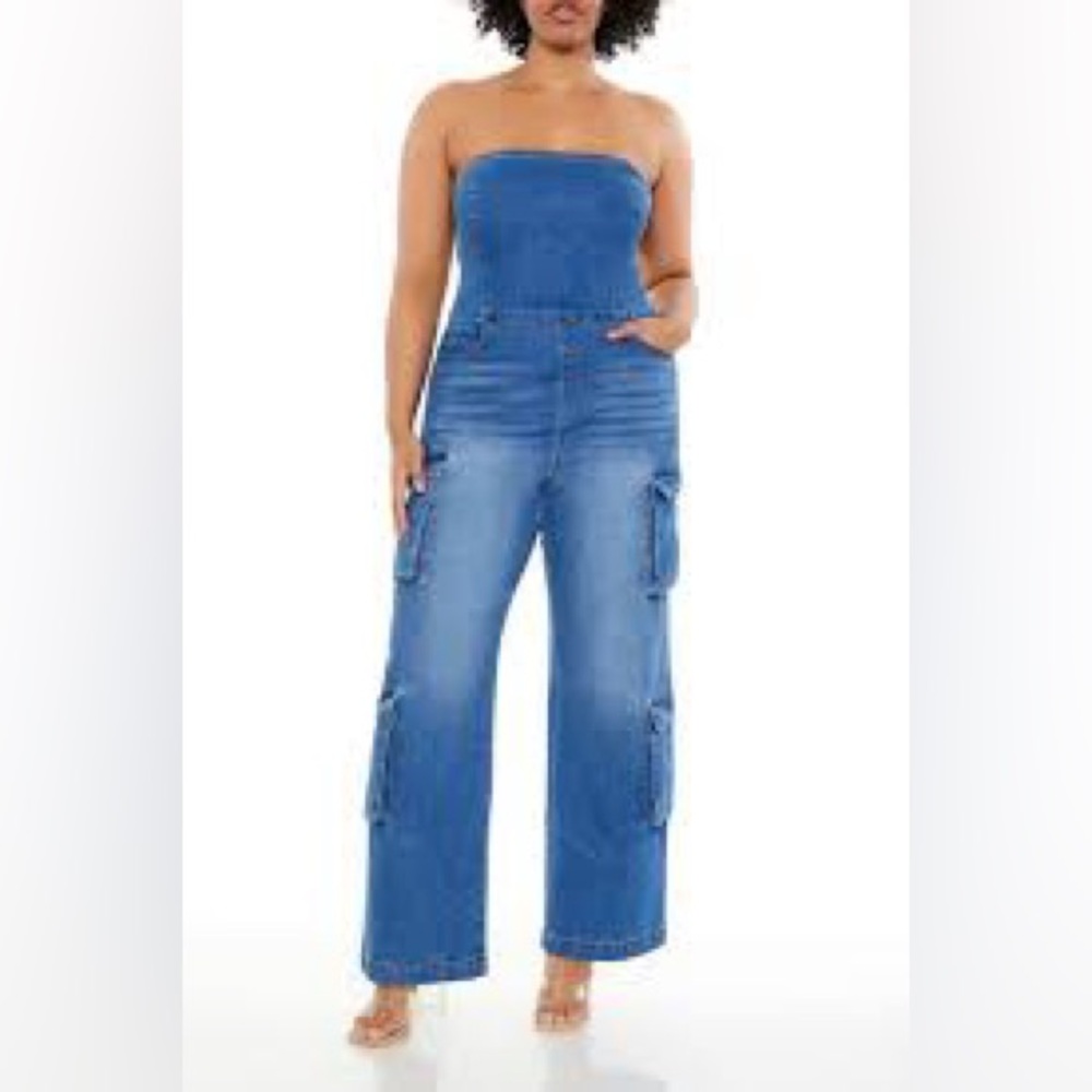 Women's Strapless Cargo Blue Denim Jean Jumpsuit